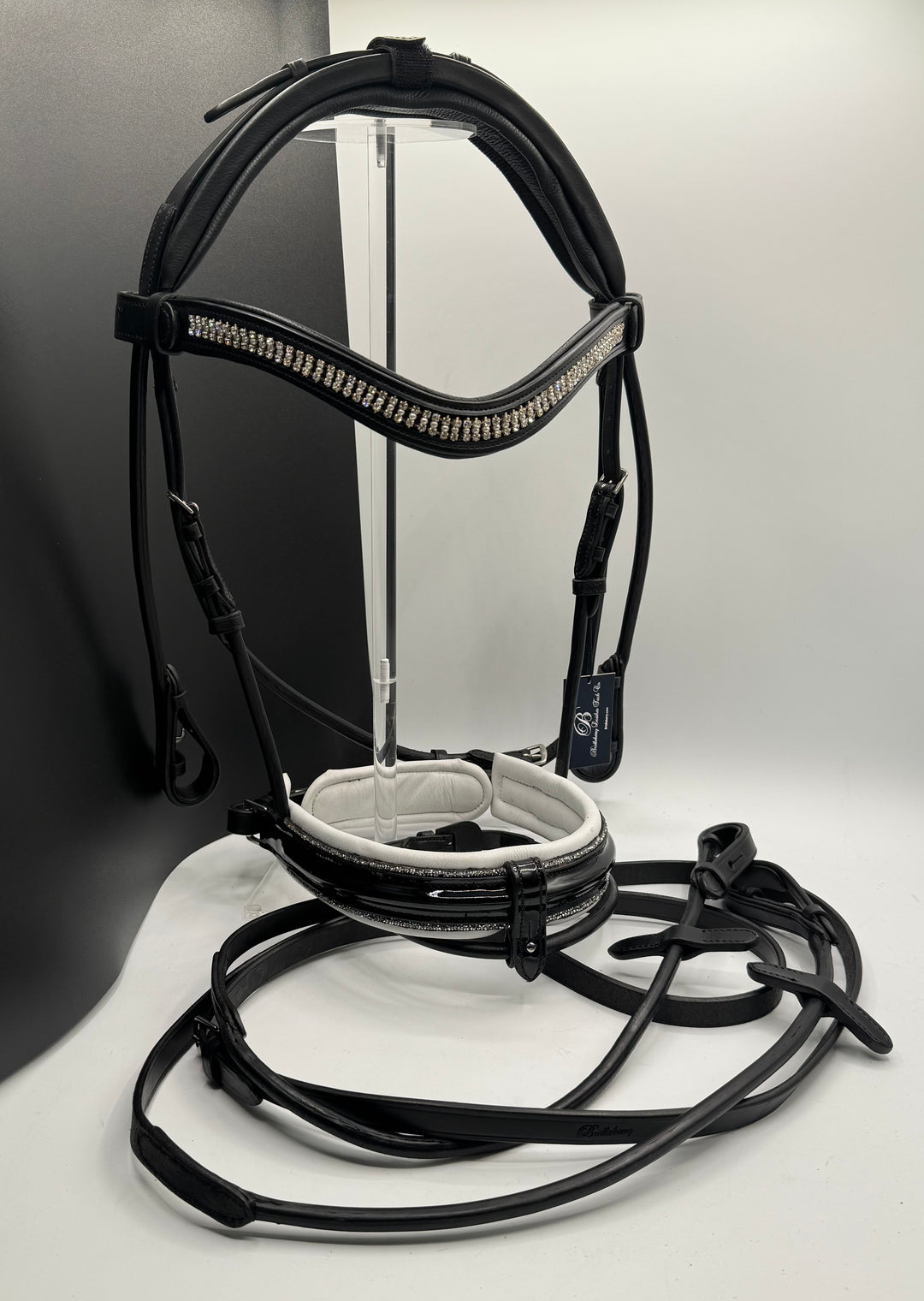 #55 x- Padded Rolled Bridle w/Patent Noseband Sparkle Trim, Channel Crown, Pearl & Crystal Brow, Rolled Reins
