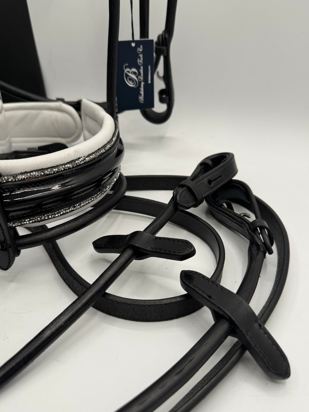 #55 x- Padded Rolled Bridle w/Patent Noseband Sparkle Trim, Channel Crown, Pearl & Crystal Brow, Rolled Reins