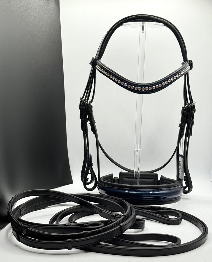 #59 X-Padded Double Bridle, BLUE Patent Leather Nose & Crystal Brow w/ English Leather Rubber Lined Reins w/stops