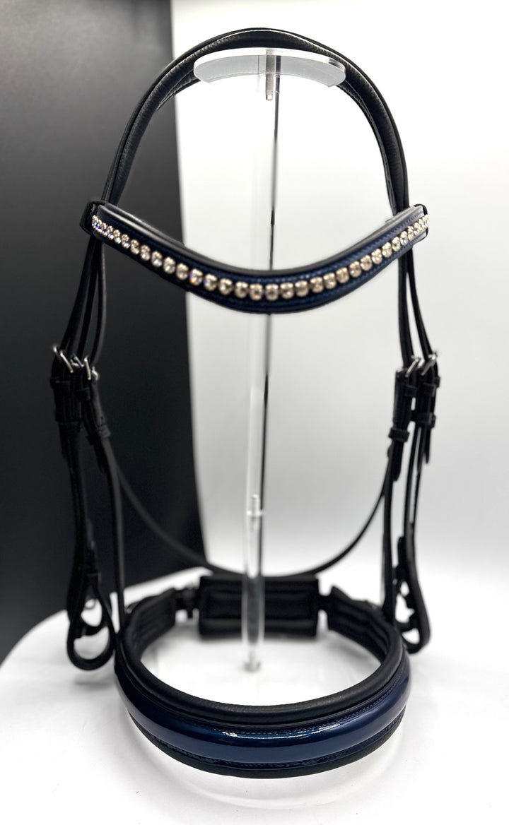 #59 X-Padded Double Bridle, BLUE Patent Leather Nose & Crystal Brow w/ English Leather Rubber Lined Reins w/stops