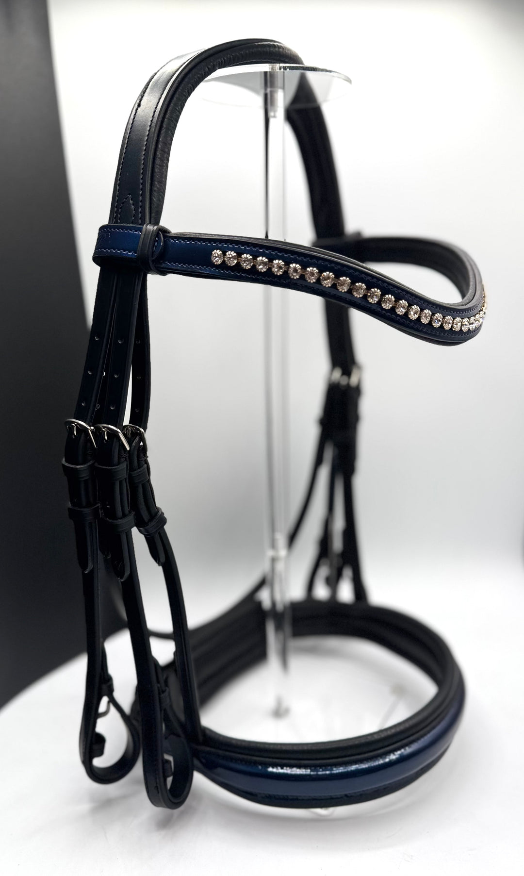 #59 X-Padded Double Bridle, BLUE Patent Leather Nose & Crystal Brow w/ English Leather Rubber Lined Reins w/stops