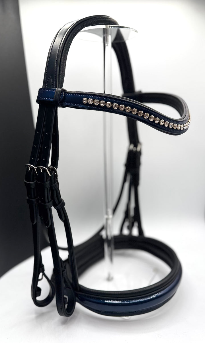 #59 X-Padded Double Bridle, BLUE Patent Leather Nose & Crystal Brow w/ English Leather Rubber Lined Reins w/stops