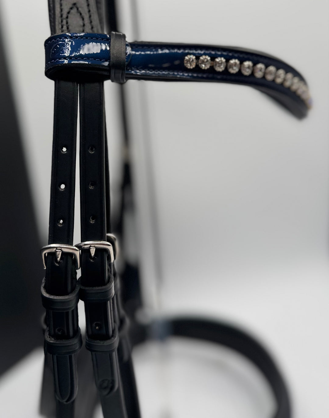 #59 X-Padded Double Bridle, BLUE Patent Leather Nose & Crystal Brow w/ English Leather Rubber Lined Reins w/stops