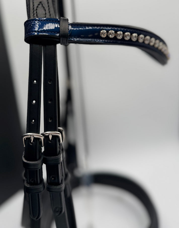 #59 X-Padded Double Bridle, BLUE Patent Leather Nose & Crystal Brow w/ English Leather Rubber Lined Reins w/stops