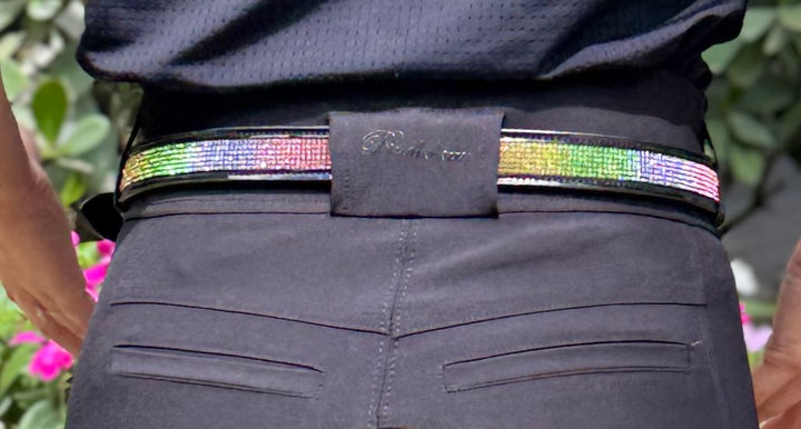 Women's Black Patent Leather Belt w/Rainbow Crystal Design