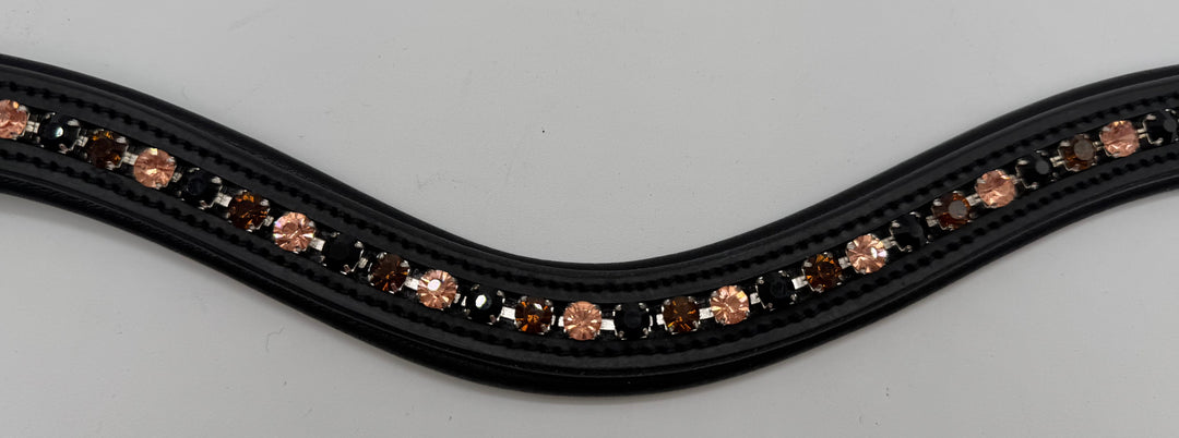 #144 Black Leather Browband w/ Peach/Amber/Brown Crystals