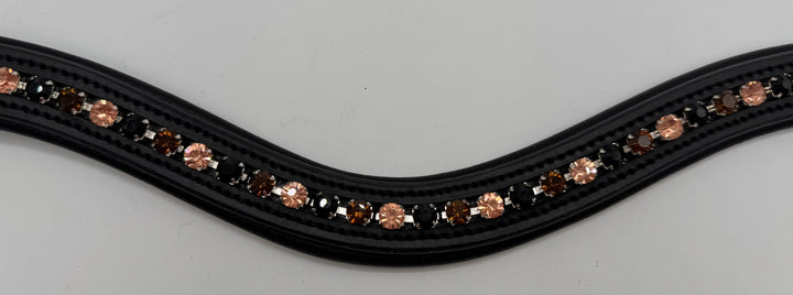 #144 Black Leather Browband w/ Peach/Amber/Brown Crystals