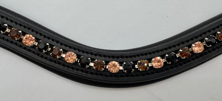 #144 Black Leather Browband w/ Peach/Amber/Brown Crystals