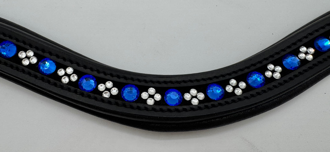 #145 Black Leather Browband w/Blue Crystals/group of 4 sm.Crystals, pattern