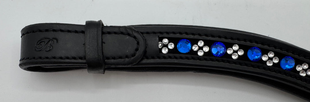 #145 Black Leather Browband w/Blue Crystals/group of 4 sm.Crystals, pattern