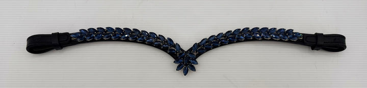 #146 "V"Shaped Black Leather Browband w/Blue Marquise Crystals Center Drop of Crystals
