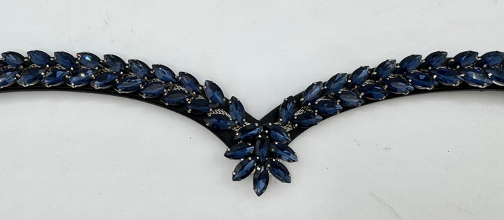 #146 "V"Shaped Black Leather Browband w/Blue Marquise Crystals Center Drop of Crystals