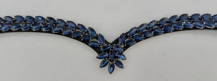 #146 "V"Shaped Black Leather Browband w/Blue Marquise Crystals Center Drop of Crystals