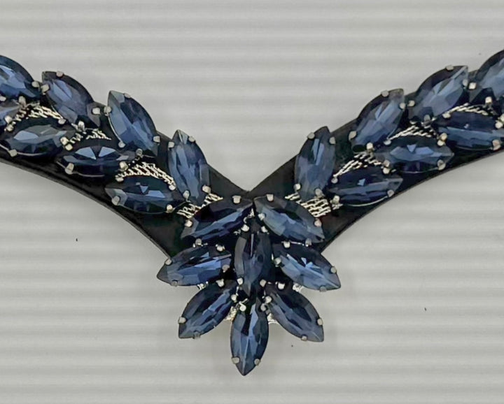 #146 "V"Shaped Black Leather Browband w/Blue Marquise Crystals Center Drop of Crystals