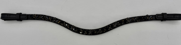 #147 Black Leather Browband, Black Marquise & Round Crystals set on Gold Mesh