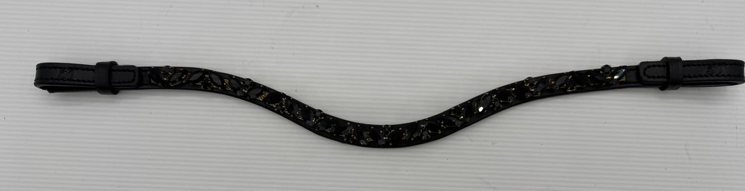 #147 Black Leather Browband, Black Marquise & Round Crystals set on Gold Mesh