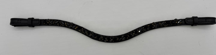 #147 Black Leather Browband, Black Marquise & Round Crystals set on Gold Mesh