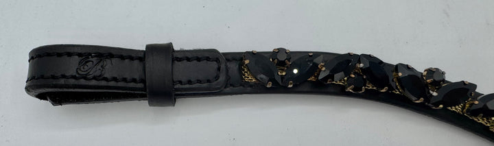 #147 Black Leather Browband, Black Marquise & Round Crystals set on Gold Mesh