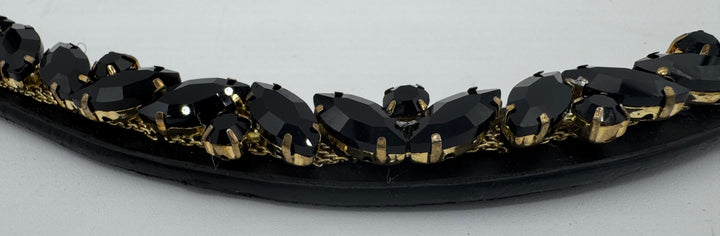 #147 Black Leather Browband, Black Marquise & Round Crystals set on Gold Mesh