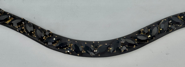 #147 Black Leather Browband, Black Marquise & Round Crystals set on Gold Mesh