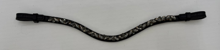 #149 Black Leather Browband, Grey Marquise & Round Crystals set on Gold Mesh