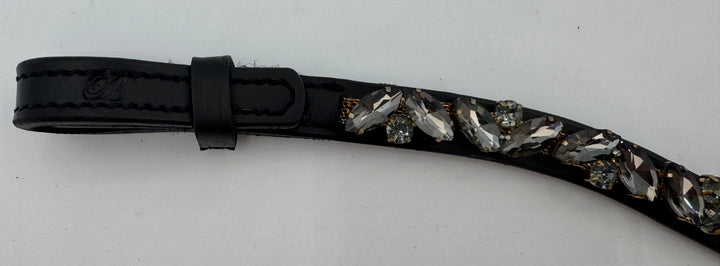 #149 Black Leather Browband, Grey Marquise & Round Crystals set on Gold Mesh