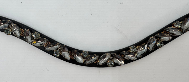 #149 Black Leather Browband, Grey Marquise & Round Crystals set on Gold Mesh