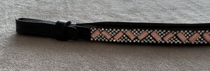 #105 Leather Browband w/Peach & Crystals in a Chevron Pattern, Edged in Crystals