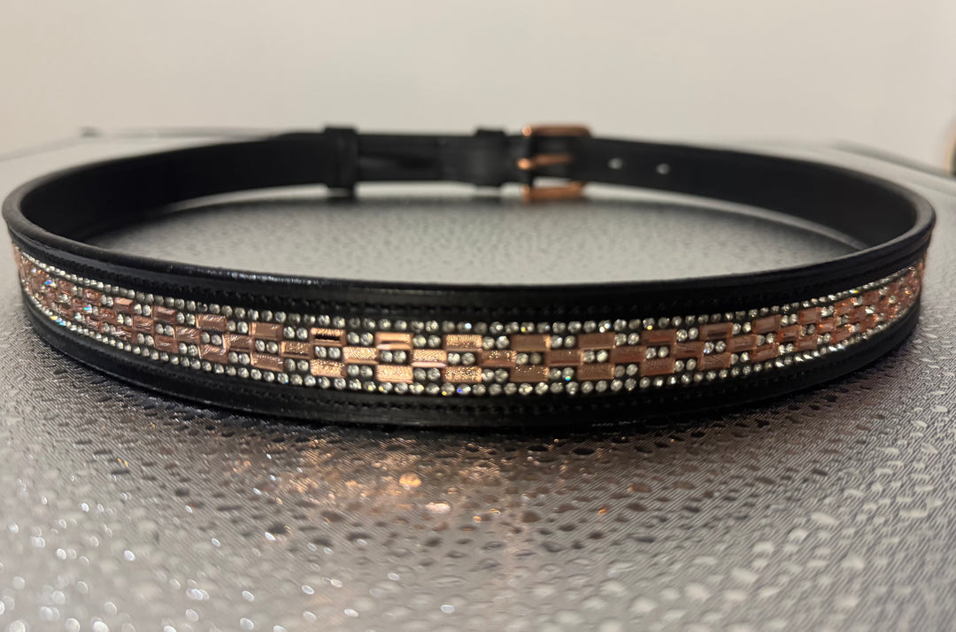 Women's Brown Leather Belt w/Peach Rectangle Crystal Design