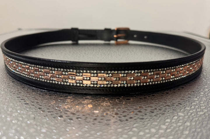Women's Brown Leather Belt w/Peach Rectangle Crystal Design