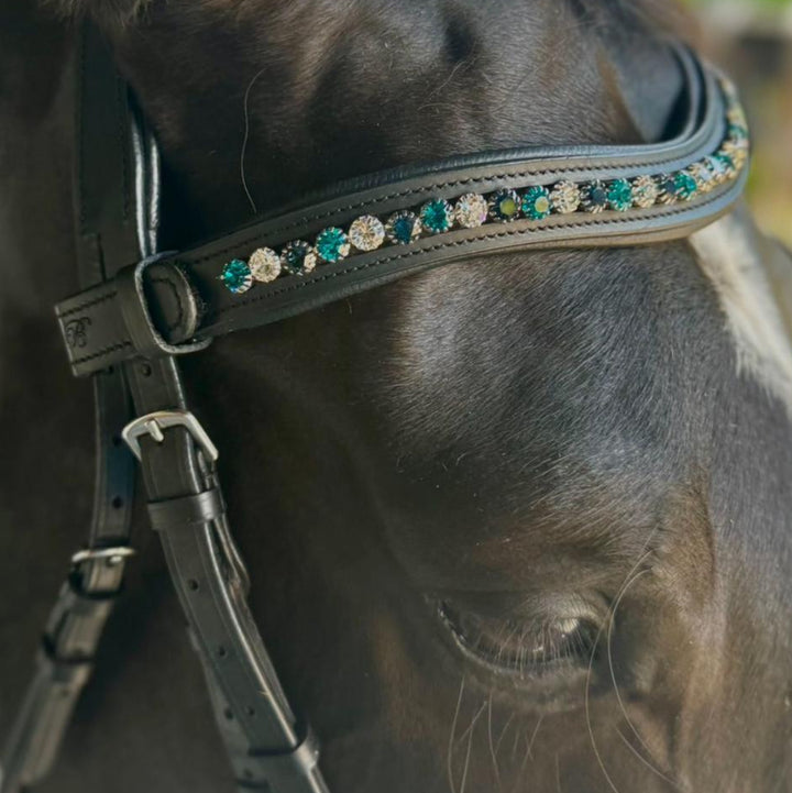 #120 Large Turquoise/Blue/Crystals in Curved Black Leather Browband