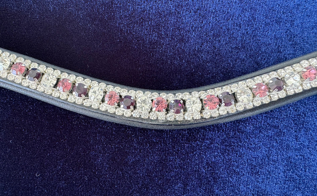 #107 Leather Browband w/Large/ Pink/Ruby/ Crystal pattern,Edged in Crystals - Bridleberry Leather Tack Co. 