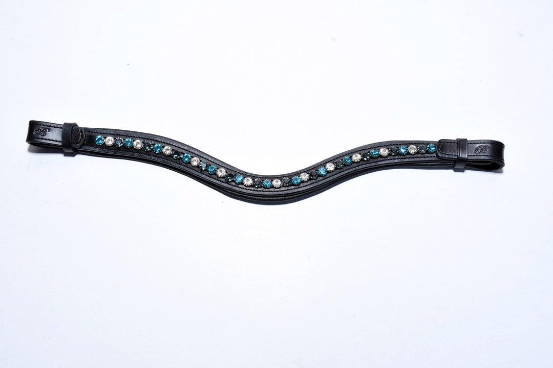 #120 Large Turquoise/Blue/Crystals in Curved Black Leather Browband