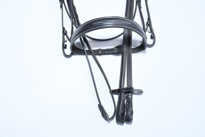 #33 Hunter Snaffle Bridle w/white edge stitching & Fancy Stitiched Brow & Noseband, English Leather Laced  Reins